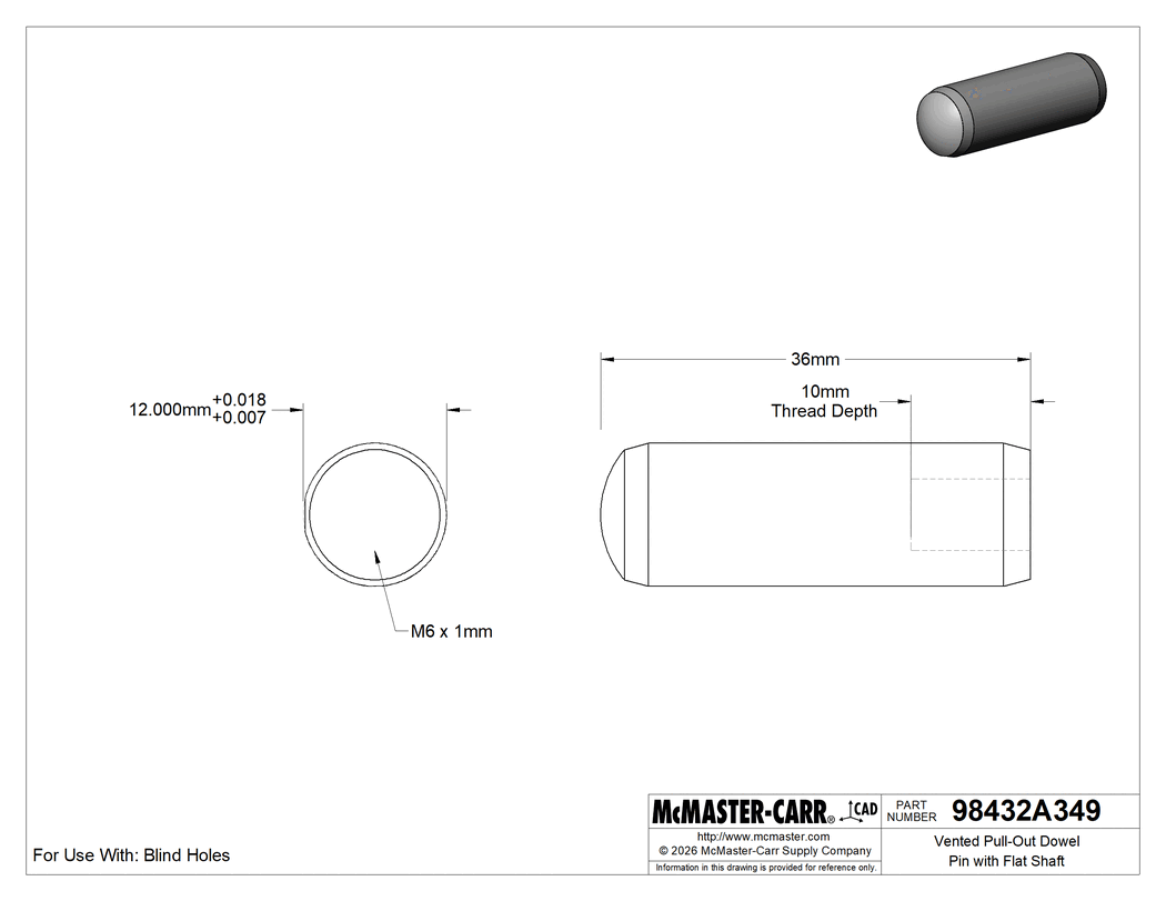 Technical Drawing of Vented Pull-Out Dowel Pin with Flat Shaft, 1050-1095 Spring Steel, 12 mm Diameter, 36 mm Long.
